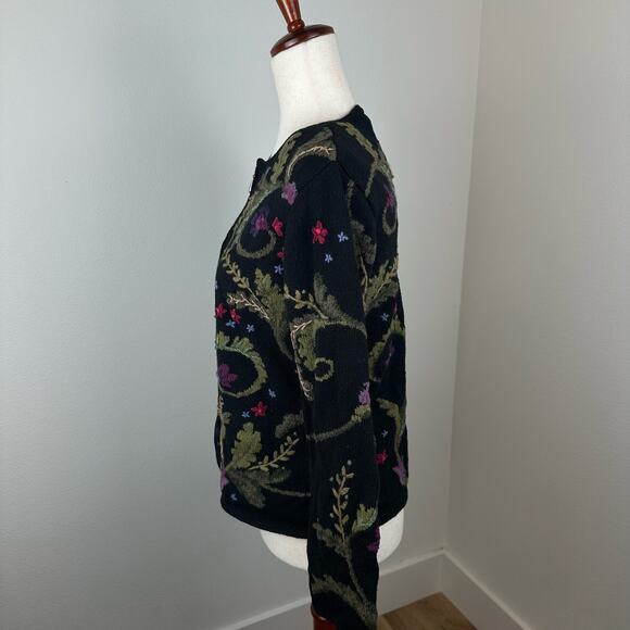 Talbots Sweater Size Small Black Floral Embroidery Grandma Artsy Full Zip - Picture 6 of 14